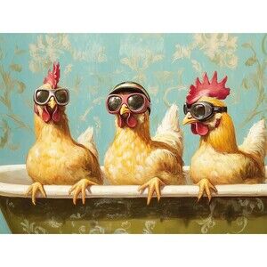 Funny Chicken Bathroom Wall Decor – Three Hens in Bathtub with Goggles